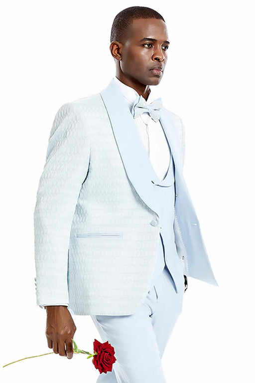 Men's Sky Blue Tuxedo w/ Honeycomb Lace Vest - Perfect for Weddings & Proms. - USA Men's Outlet