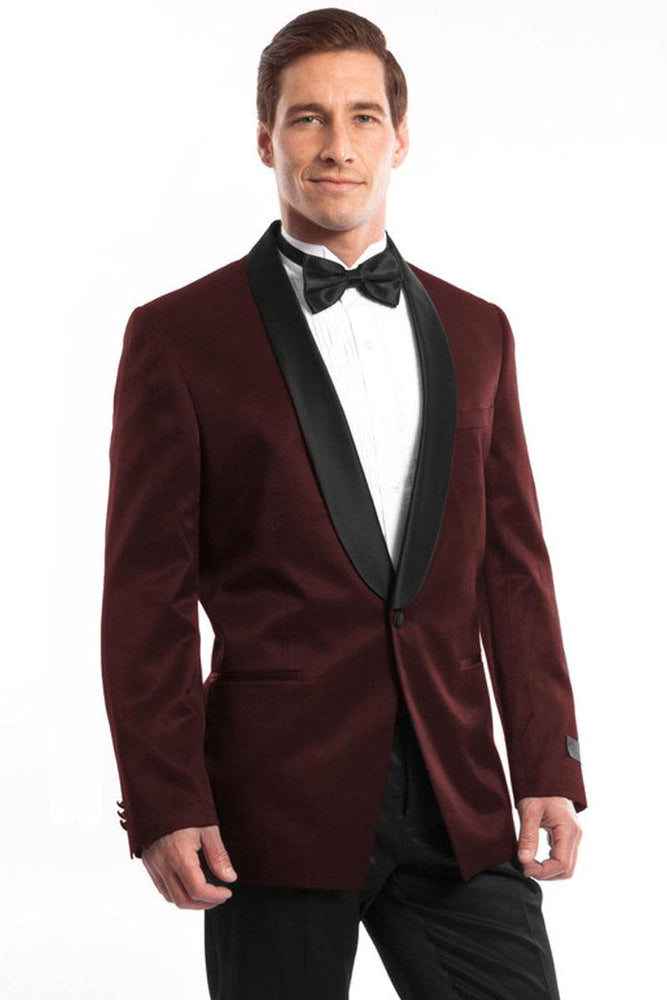 Men's Slim Fit Burgundy Satin Birdseye Shawl Tuxedo by Bryan Michaels - USA Men's Outlet