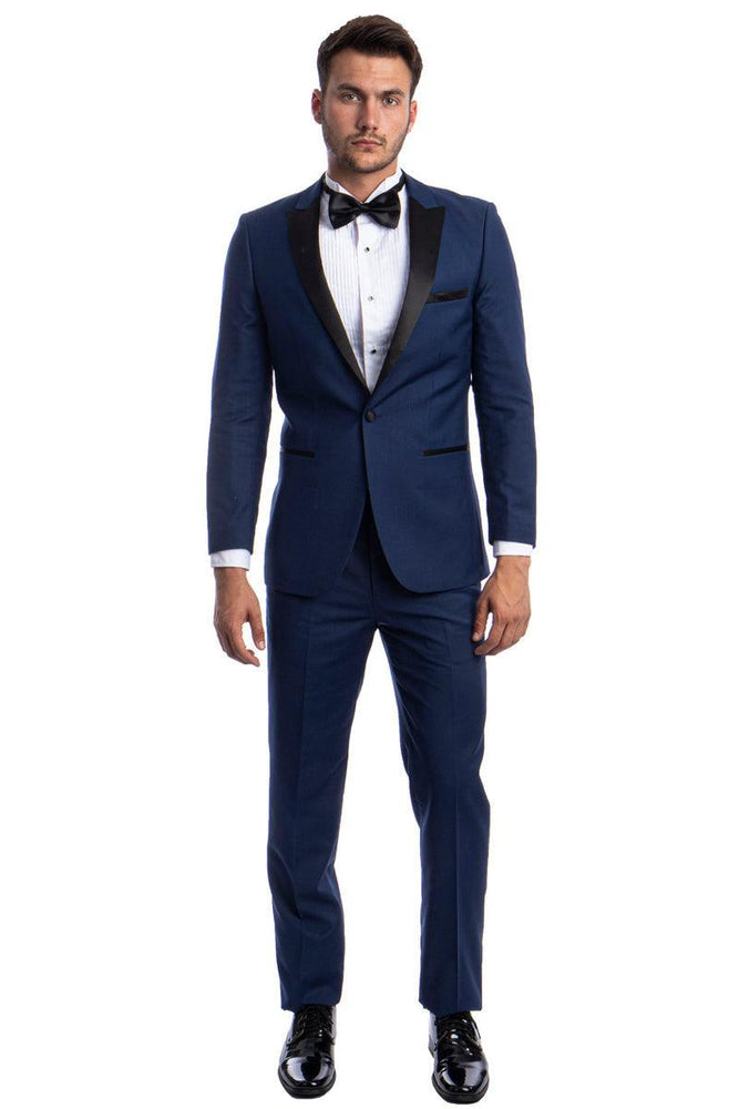 Men's Slim Fit Cobalt Blue Wedding Tuxedo w/ Peak Lapel & 1 Button Brand: Bryan Michaels - USA Men's Outlet