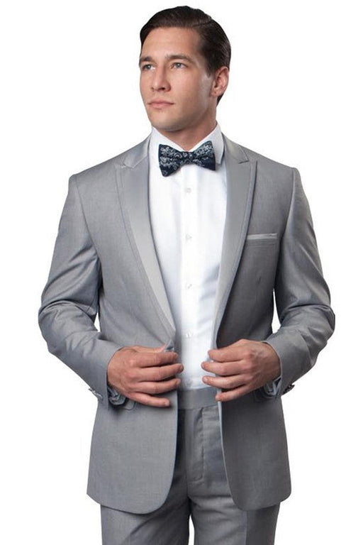 Men's Slim Fit Light Grey Tuxedo with Satin One Button Peak Lapel | Bryan Michaels - USA Men's Outlet