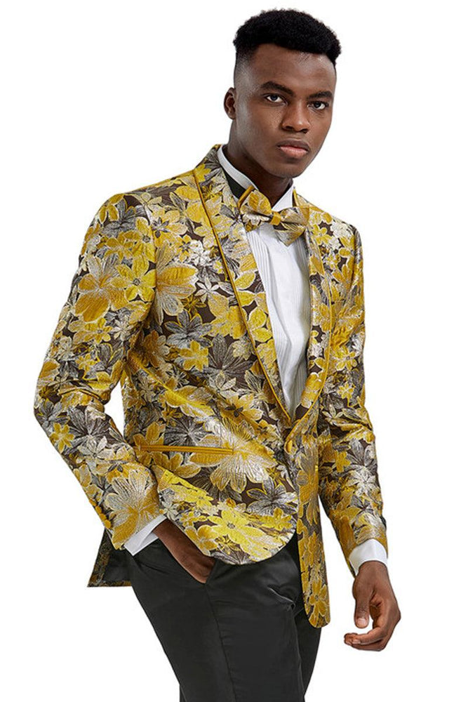 Men's Slim Tux Jacket in Gold & Black Paisley - Tazio Prom Style - USA Men's Outlet