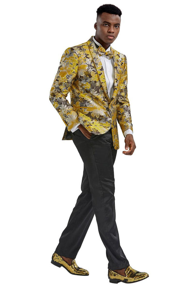 Men's Slim Tux Jacket in Gold & Black Paisley - Tazio Prom Style - USA Men's Outlet