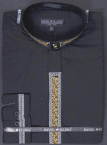 Men's smart Daniel Ellissa Black Dress Shirt, Band-Collar w/ Gold Embroidery - USA Men's Outlet