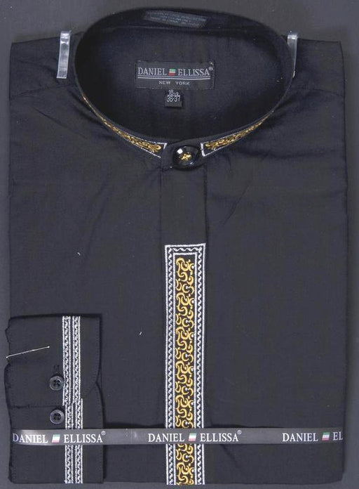 Men's smart Daniel Ellissa Black Dress Shirt, Band-Collar w/ Gold Embroidery - USA Men's Outlet