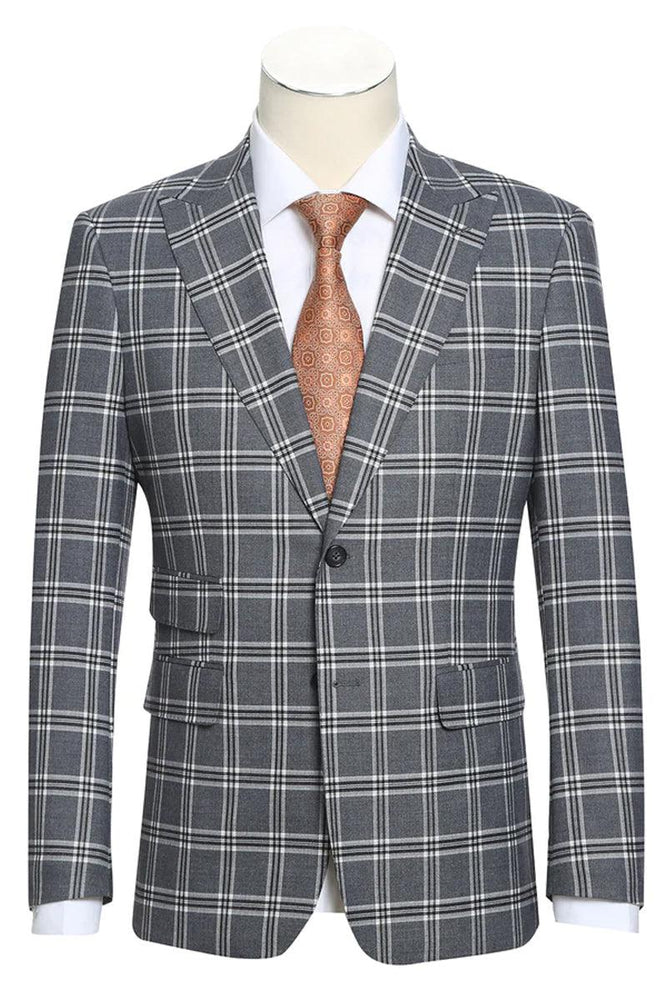 Men's Sophisticated Slim Fit Peak Lapel English Laundry Suit in Grey Windowpane Plaid - Elegant Mensattire
