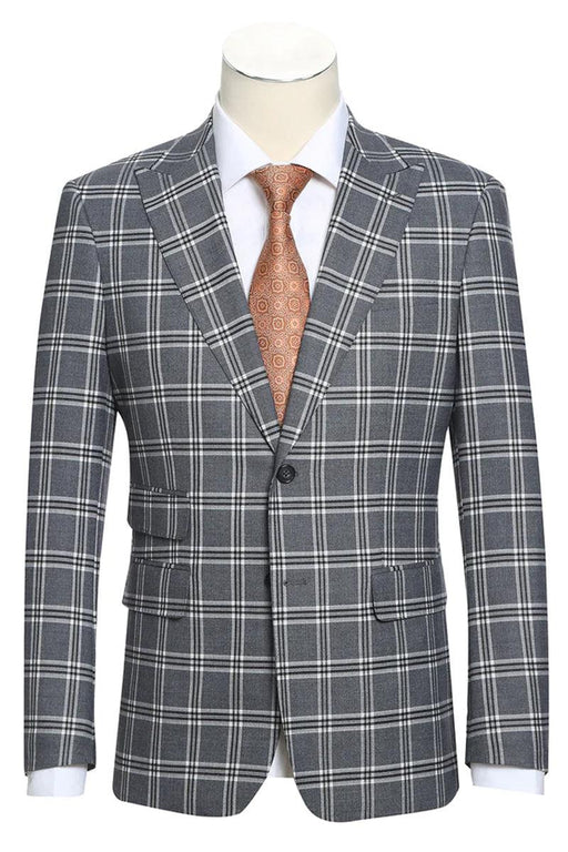 Men's Sophisticated Slim Fit Peak Lapel English Laundry Suit in Grey Windowpane Plaid - USA Men's Outlet