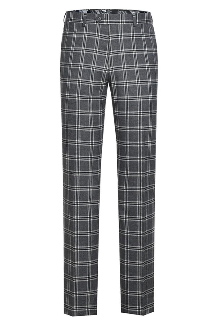 Men's Sophisticated Slim Fit Peak Lapel English Laundry Suit in Grey Windowpane Plaid - Elegant Mensattire