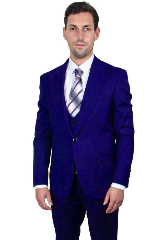 Men's Stately Indigo Blue Stacy Adams 1-Btn Vested Peak Lapel Suit - USA Men's Outlet