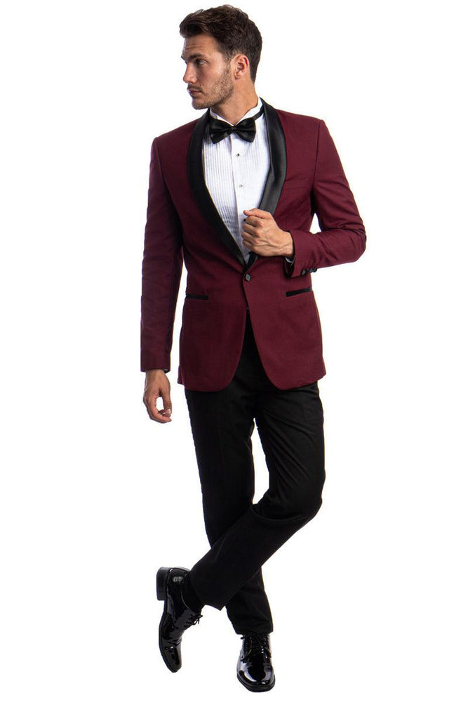 Men's Stylish Burgundy 1-Button Prom Tuxedo | Skinny Fit, Shawl Lapel | Azzuro - USA Men's Outlet