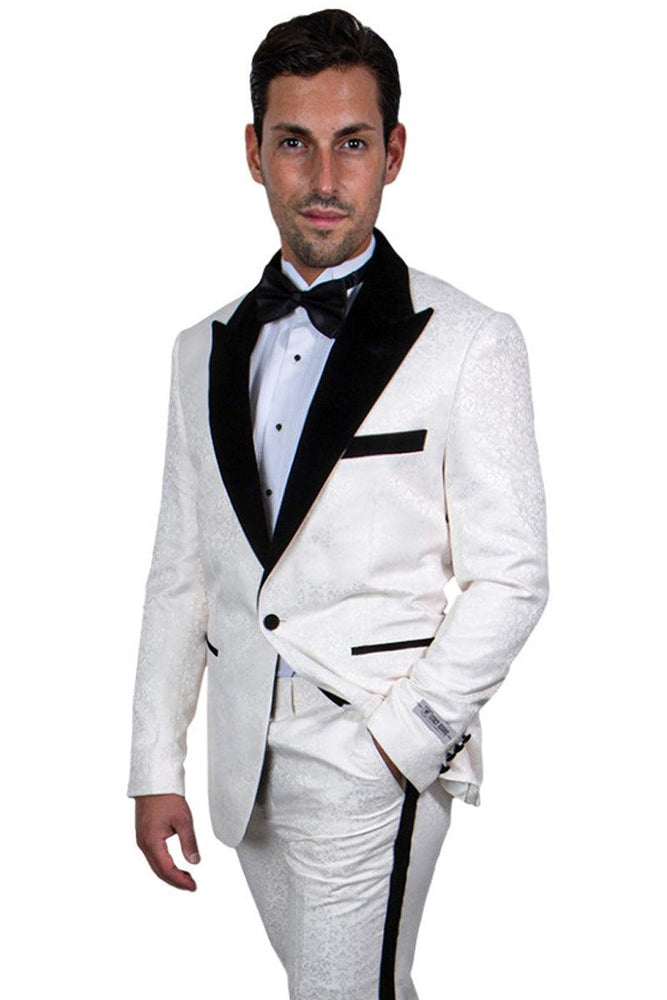 Men's Stylish Ivory & Black Stacy Adams Paisley Prom & Wedding Tuxedo - USA Men's Outlet