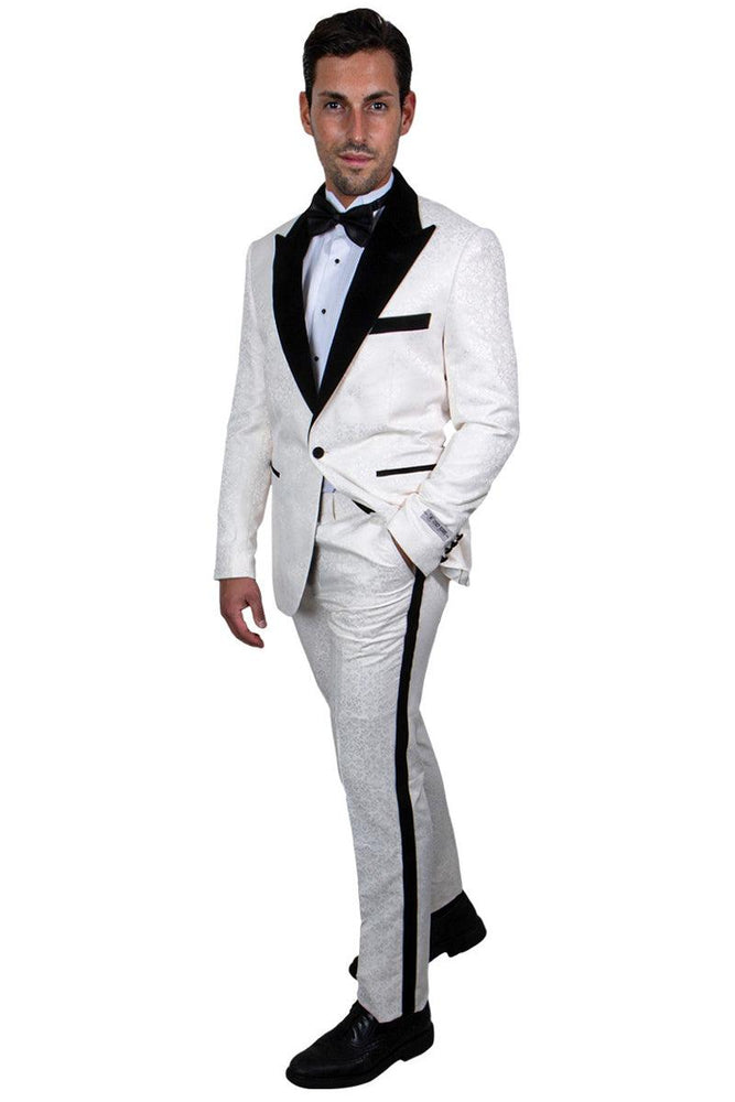 Men's Stylish Ivory & Black Stacy Adams Paisley Prom & Wedding Tuxedo - USA Men's Outlet