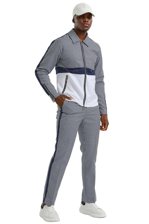 Men's Stylish Tazio Navy Houndstooth Suit Jacket & Pant Set - USA Men's Outlet