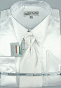 Men's Stylish White Satin Dress Shirt, Tie & Pocket Square Set - Daniel Ellissa - USA Men's Outlet