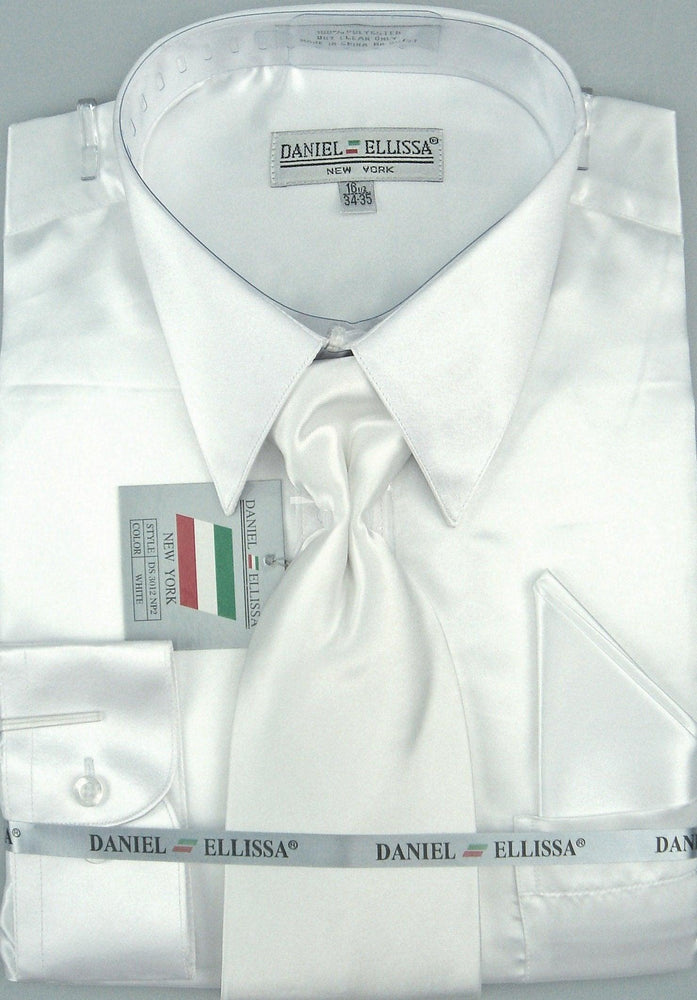 Men's Stylish White Satin Dress Shirt, Tie & Pocket Square Set - Daniel Ellissa - USA Men's Outlet