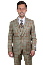 Men's Tan & Gold Windowpane Vested Suit by Stacy Adams - USA Men's Outlet