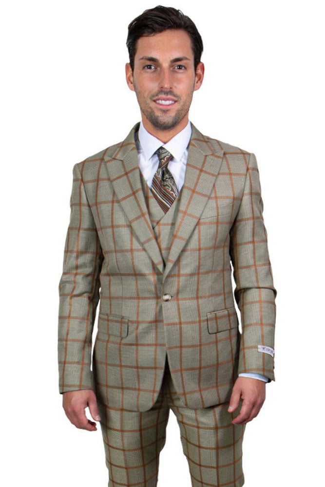 Men's Tan & Gold Windowpane Vested Suit by Stacy Adams - USA Men's Outlet