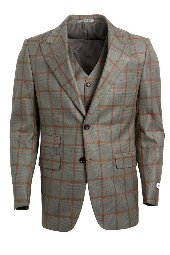 Men's Tan & Gold Windowpane Vested Suit by Stacy Adams - USA Men's Outlet