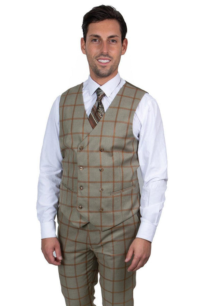 Men's Tan & Gold Windowpane Vested Suit by Stacy Adams - USA Men's Outlet