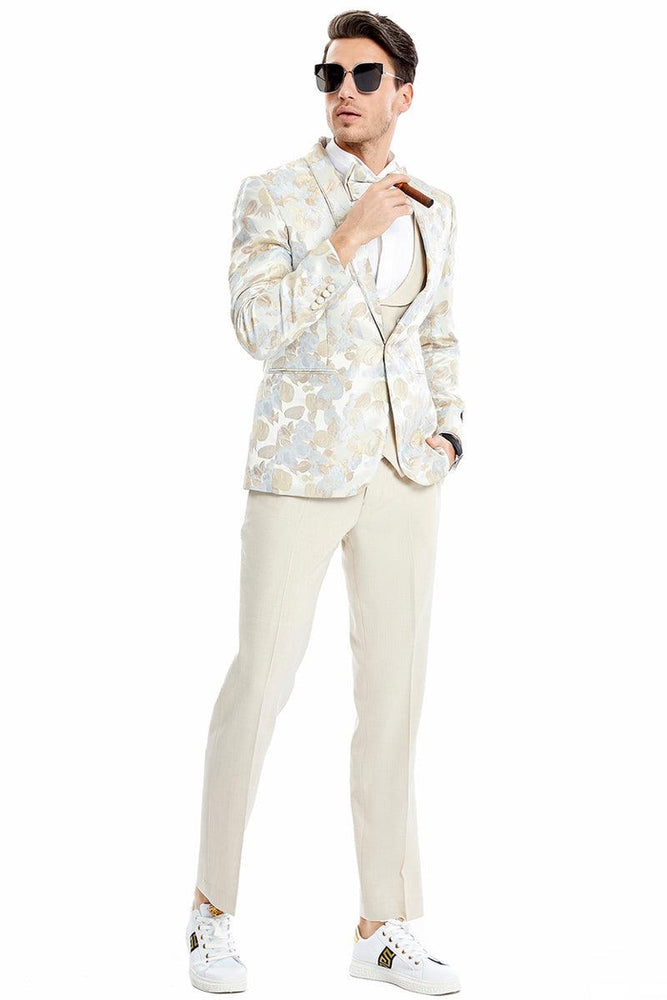 Men's Tan "Tulip Floral" Vested Wedding Tuxedo Jacket by Tazio - USA Men's Outlet