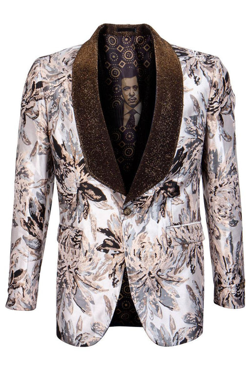 Men's Tan Velvet Glitter Shawl Tux Jacket: Empire Safari Print - USA Men's Outlet