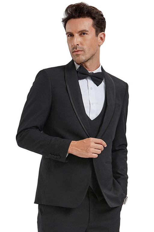 Men's Tazio 1-Btn Black Birdseye Vested Tuxedo w/Black Satin Trim - USA Men's Outlet