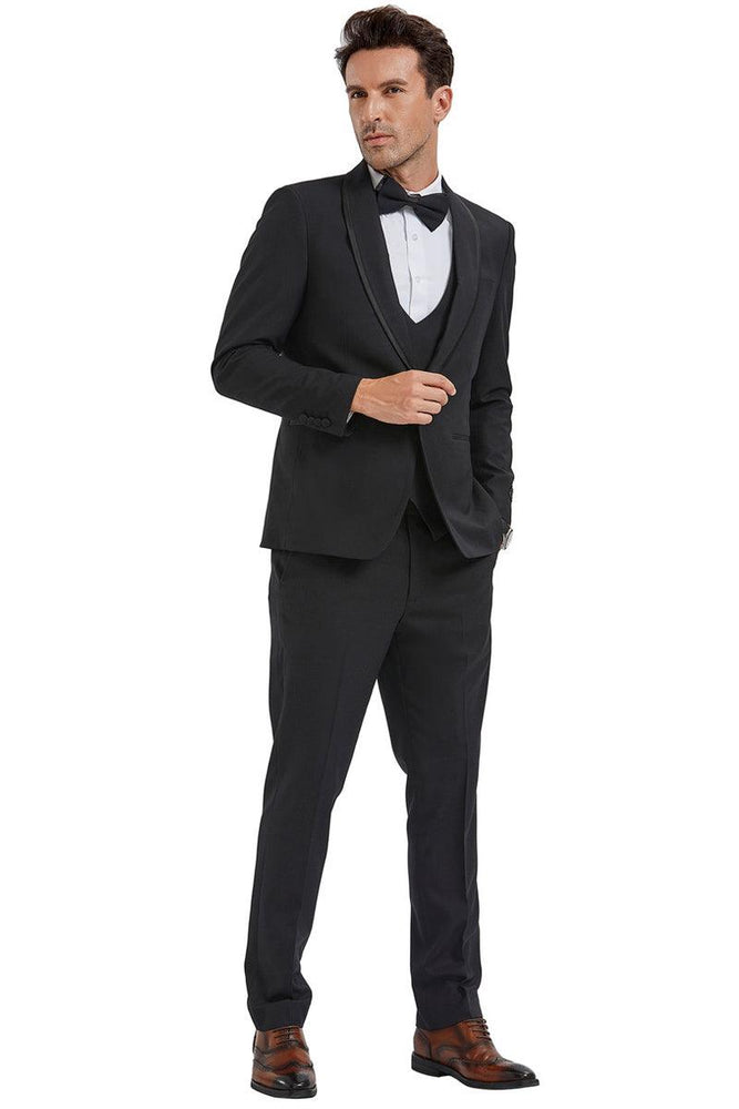 Men's Tazio 1-Btn Black Birdseye Vested Tuxedo w/Black Satin Trim - USA Men's Outlet