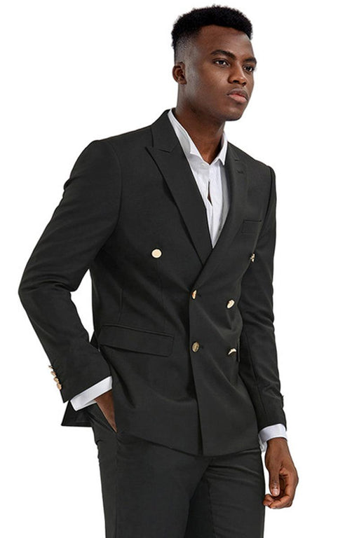 Men's Tazio Black Slim Fit Double-Breasted Wedding Suit w/ Gold Buttons - USA Men's Outlet