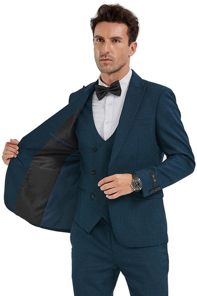 Men's Tazio Dark Teal Sharkskin Slim Suit w/ Peak Lapel, One Button & Double-Breasted Vest - USA Men's Outlet