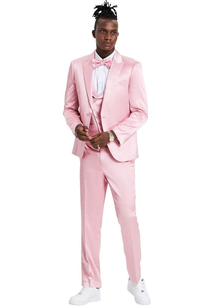 Men's Tazio Dusty Rose Satin Sharkskin One-Button Prom & Wedding Suit - USA Men's Outlet