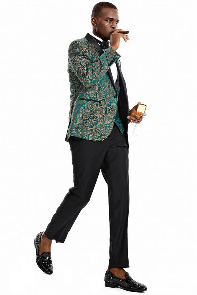 Men's Tazio Green & Gold Paisley Vested Prom/Wedding Shawl Tuxedo w/One Button - USA Men's Outlet