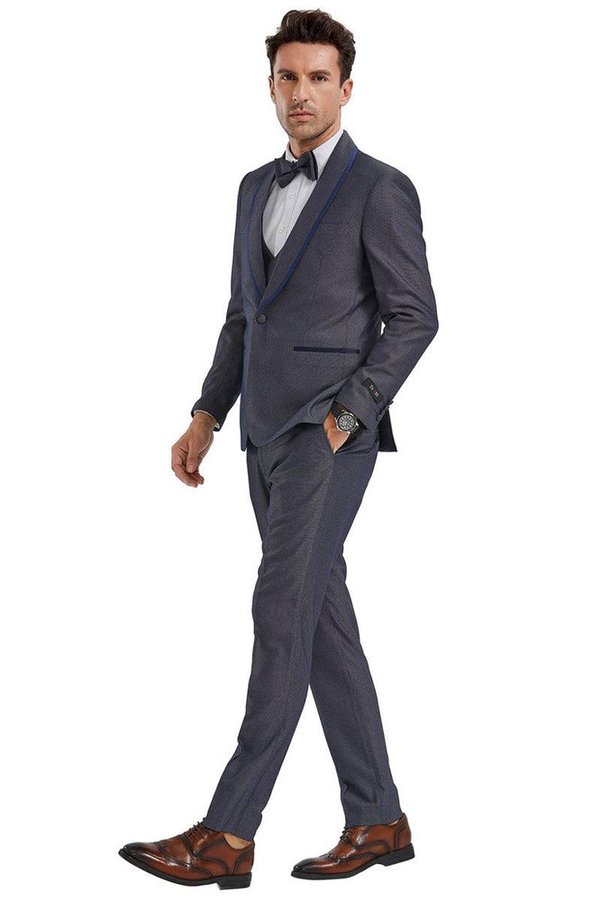 Men's Tazio Grey Birdseye Tuxedo with Blue Shawl Collar & Vest Trim - USA Men's Outlet