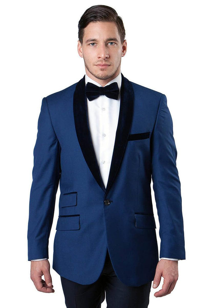 Men's Tazio Luxe Blue Velvet Shawl Collar Tuxedo Jacket - USA Men's Outlet