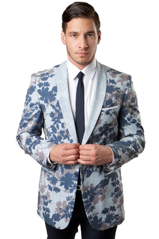 Men's Tazio One-Button Blue & Silver Floral Camo Tuxedo - USA Men's Outlet