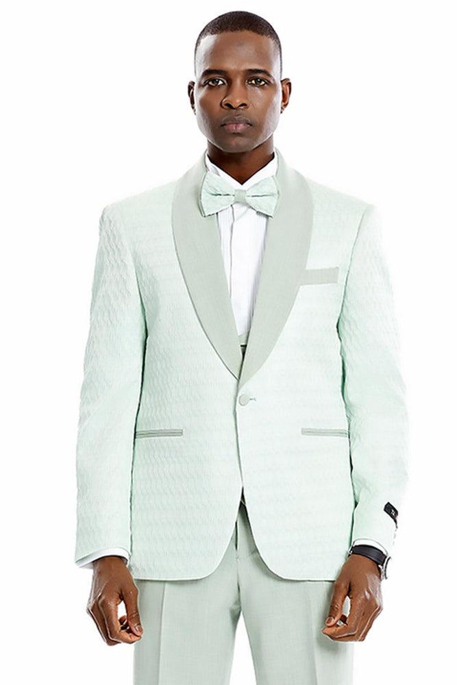 Men's Tazio One-Button Vested Honeycomb Lace Design Mint Green Wedding & Prom Tuxedo - USA Men's Outlet