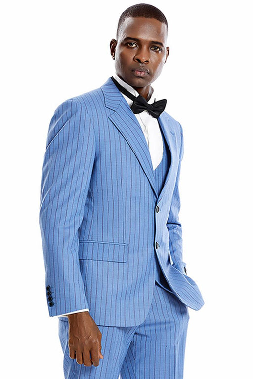 Men's Tazio Pinstripe Vested Suit w/ Wide Notch Lapel & 2 Buttons - Smoke Blue - USA Men's Outlet