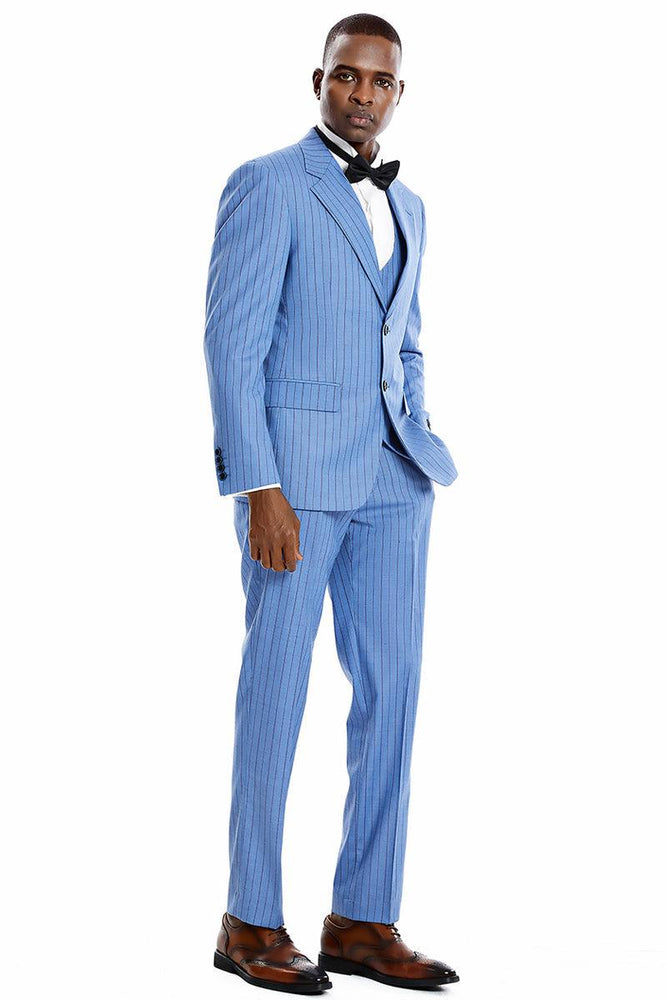 Men's Tazio Pinstripe Vested Suit w/ Wide Notch Lapel & 2 Buttons - Smoke Blue - USA Men's Outlet