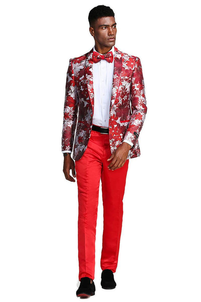 Men's Tazio Red & Silver Paisley Slim Fit Prom Tuxedo Jacket - USA Men's Outlet