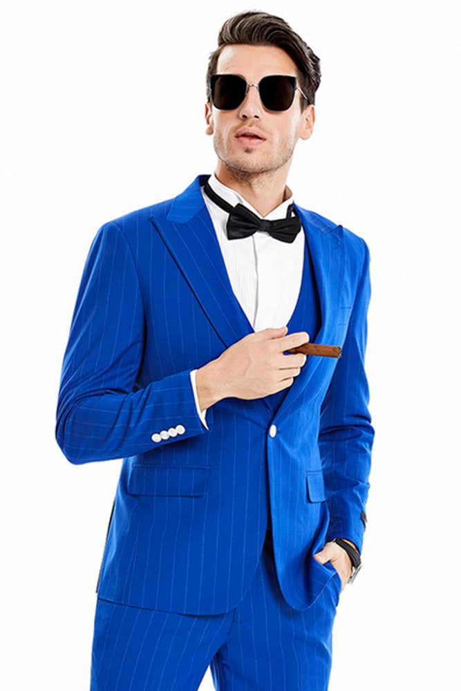 Men's Tazio Royal Blue Gangster Vested Suit: Wide Peak Lapel, Pinstripe, 1-Button - USA Men's Outlet