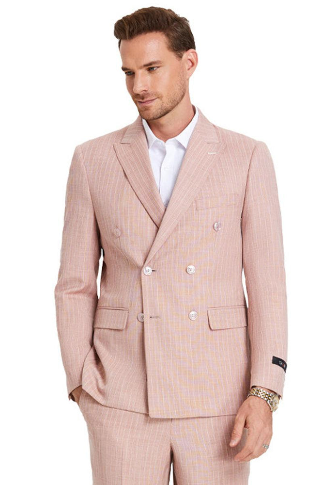 Men's Tazio Slim Rose Pink Pinstripe Summer Suit | Double-Breasted Fit - USA Men's Outlet