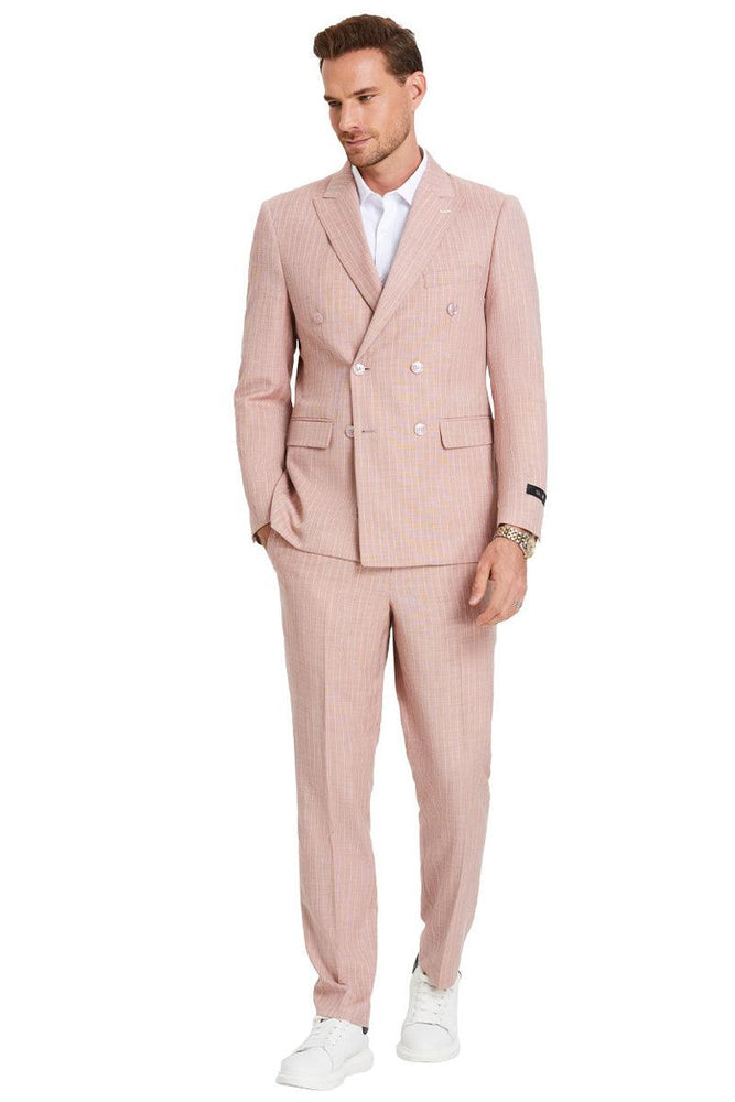 Men's Tazio Slim Rose Pink Pinstripe Summer Suit | Double-Breasted Fit - USA Men's Outlet