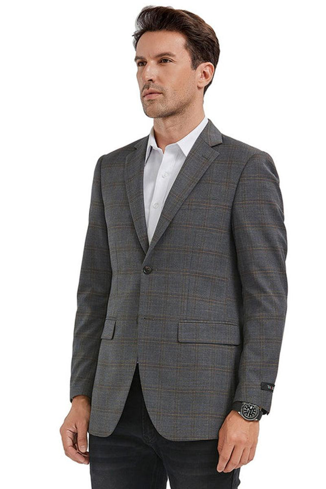 Men's Tazio Sport Coat Blazer: Slim Fit 2 Button Grey & Tan Windowpane Plaid - USA Men's Outlet