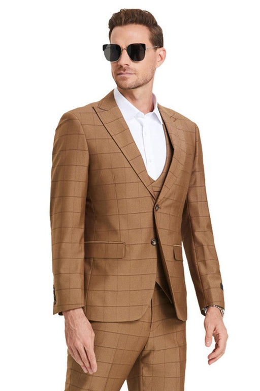 Men's Tazio Vested Peak Lapel Sharkskin Suit in Camel Windowpane Plaid - USA Men's Outlet