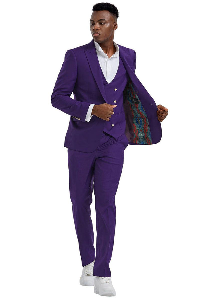 Men's Tazio Vested Purple Peak Lapel Suit w/ Gold Buttons - USA Men's Outlet