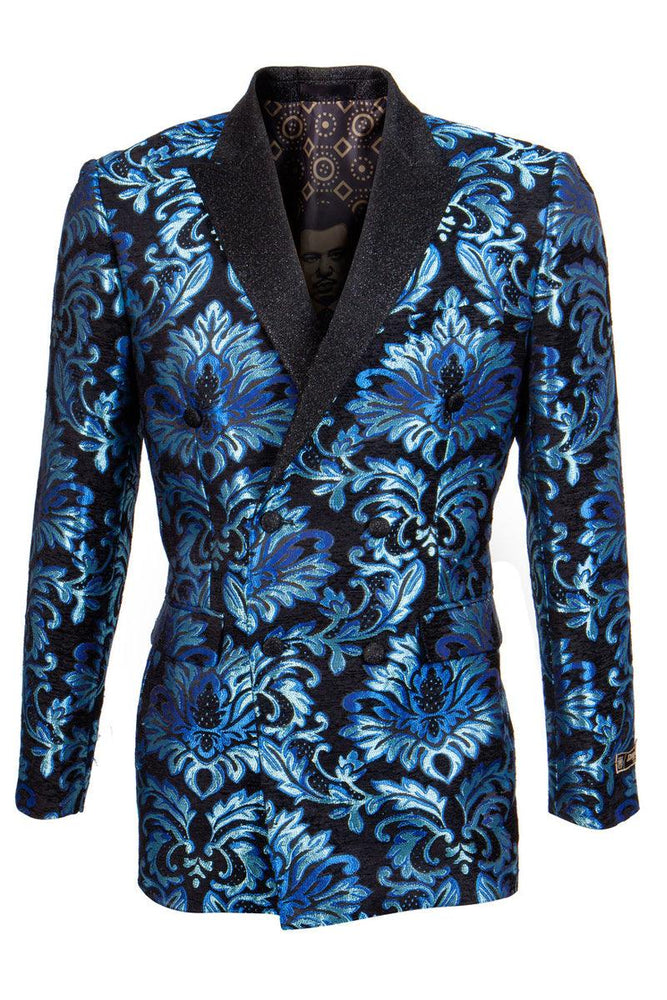 Men's Turquoise Brocade Tux Jacket: Empire Shiny Shimmer Floral - USA Men's Outlet