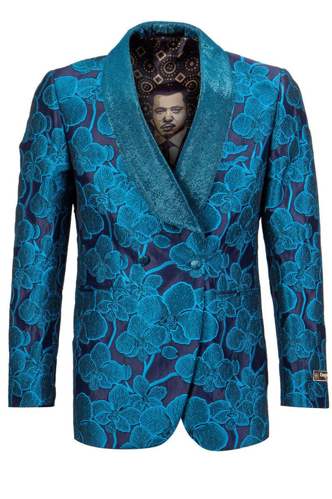 Men's Turquoise Tuxedo Jacket | Embroidered Floral Double Breasted | Empire - USA Men's Outlet