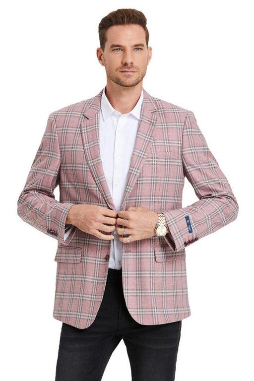 Men's Two-Button Rose Pink Windowpane Sport Coat by Tazio - USA Men's Outlet