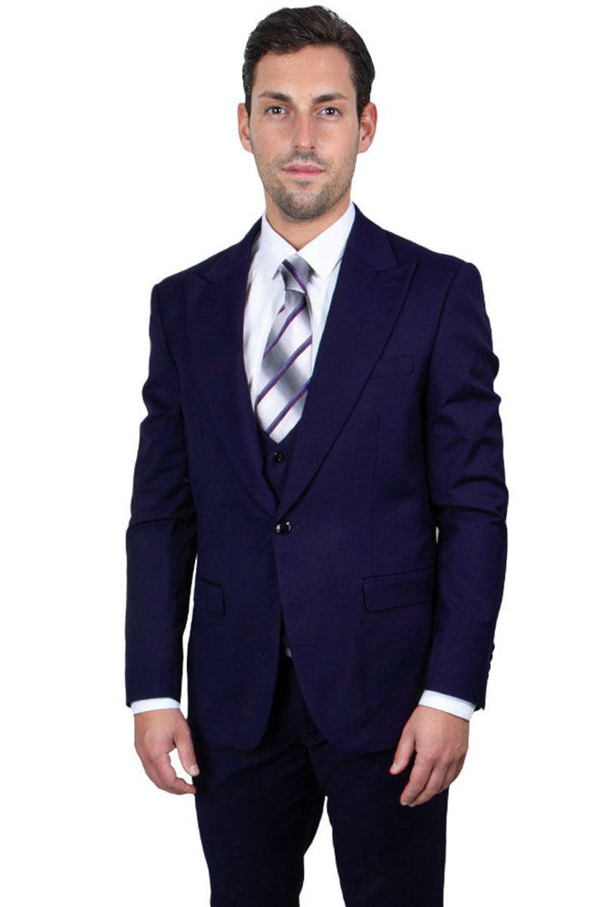 "Men's Vested One-Button Peak Lapel Navy Blue Suit by Stacy Adams" - USA Men's Outlet