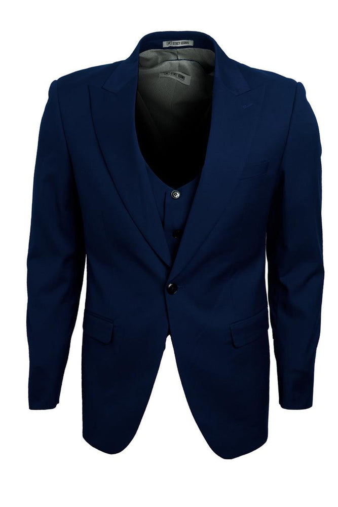 "Men's Vested One-Button Peak Lapel Navy Blue Suit by Stacy Adams" - USA Men's Outlet