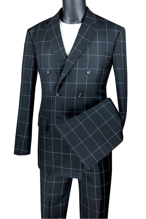 Men's Vinci Double-Breasted Bold Windowpane Plaid Suit in Black - USA Men's Outlet