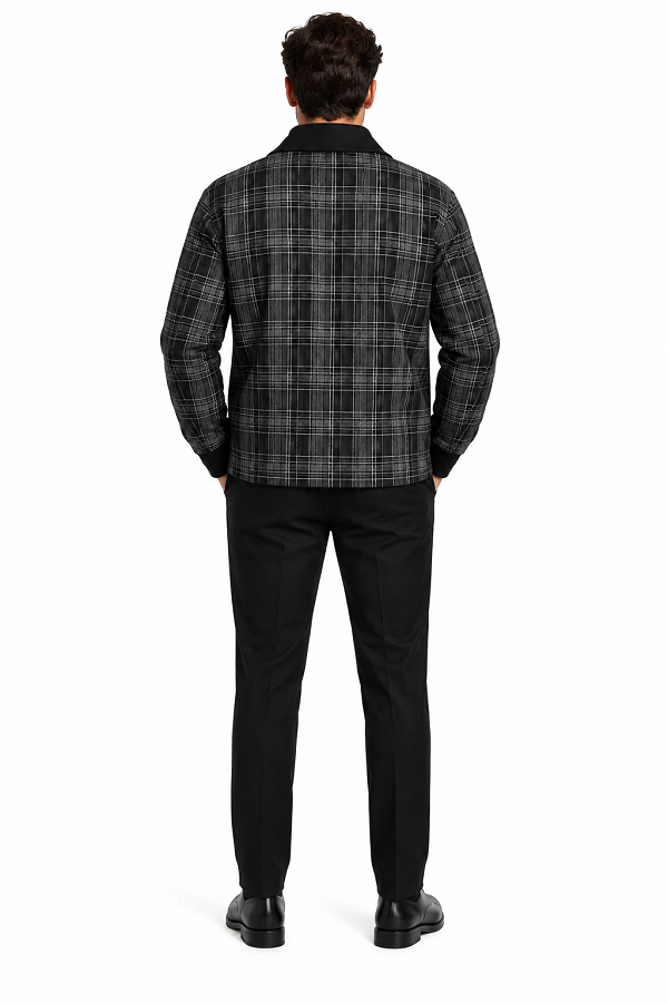 Mens Black Plaid Panel Walking Suit – Long Sleeve Shirt & Matching Pants Set
